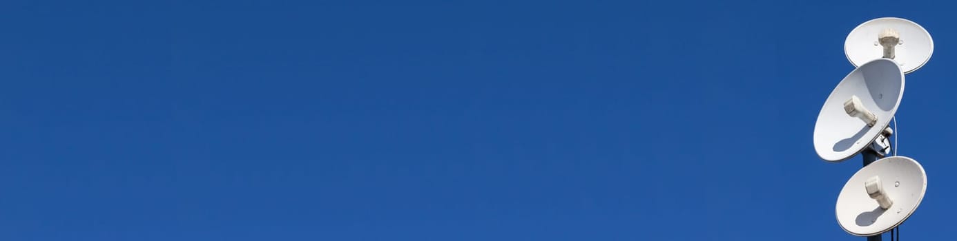 White telecommunications antennas on a single mast high above the city against the background of a blue sky. Technology of digital sending and receiving of data packets. Panoramic view.