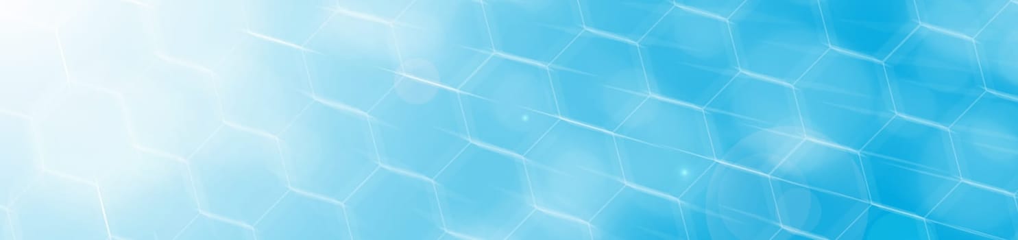 Bokeh photo effect accompanied by exoteric combinations of honeycombs and sun rays on a blue and blue background with flashes of white color.