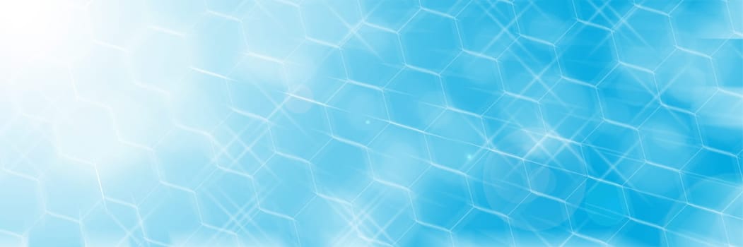 Bokeh photo effect accompanied by exoteric combinations of honeycombs and sun rays on a blue and blue background with flashes of white color. A flash of stars.