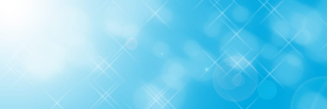 Bokeh photo effect in the company of exoteric sun rays on a blue and cyan background with flashes of white color. A flash of stars.