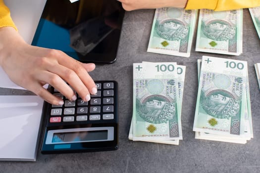 On the desk lies a calculator, tablet and a stack of paper banknotes, which the young woman counts.