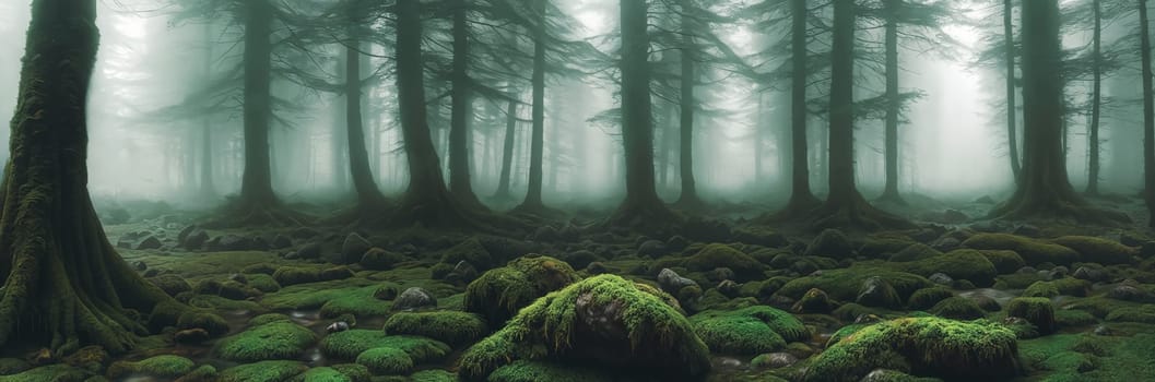 Welcome to the Mystical Forest Ancient trees cloaked in mist, moss-covered rocks, light filtering through the foliage. Discover enchantment in every corner of this ethereal realm. Generative AI.