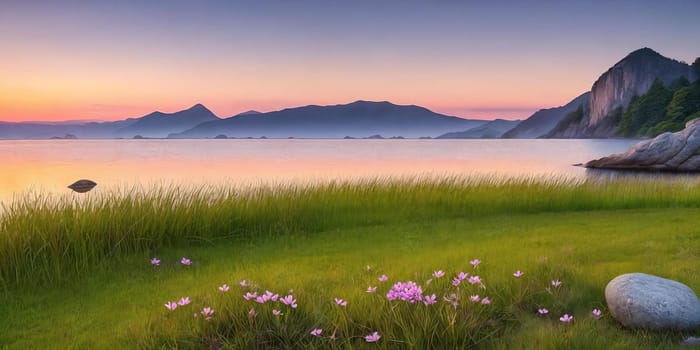 Inspirational Nature. A serene landscape photograph of a peaceful meadow at sunrise with a single flower resting on a rock or in the grass to convey a sense of tranquility and inner strength.