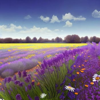 Whimsical and enchanting background using a blend of wildflowers such as dandelions, lavender, and poppies. Panorama
