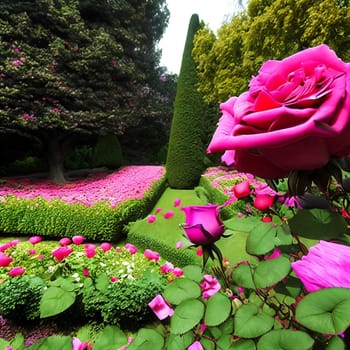 Timeless beauty of a classic rose garden in full bloom. Different angles and perspectives to showcase the rich colors and exquisite petal formations of various rose varieties. Panorama
