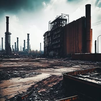 Industrial Decay. Industrial area in decay, with abandoned factories, rusty machinery, and a polluted skyline creating a haunting scene of industrial collapse.