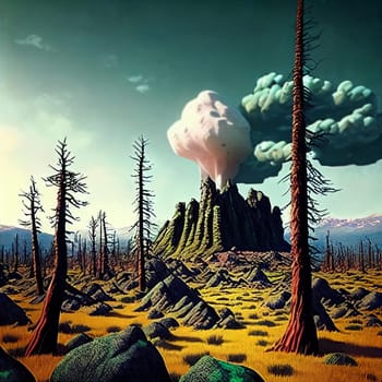 Post-nuclear Wilderness. Landscape transformed by nuclear fallout, featuring mutated flora, eerie rock formations, and a toxic sky tinged with ominous hues.