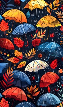 A beautiful pattern of orange umbrellas and green leaves on a dark background, resembling a work of art inspired by nature and botany