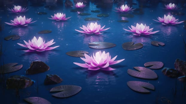 3d render Lotus flowers on a magical night on the water in 4k