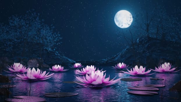 3d render Lotus flowers on a magical night on the water against the backdrop of the moon in 4k