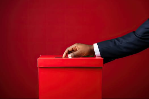 A hand throws a voting form into a red box on a red background. Election concept.