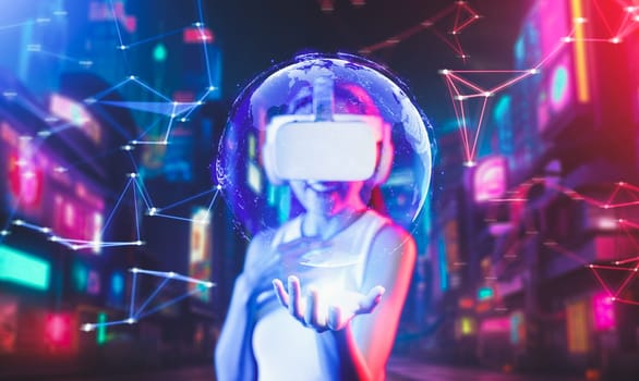 Female standing in virtual cyberpunk style building wear VR headset connecting metaverse, future cyberspace community technology, Her left hand hold 3d hologram of globe while smiling. Hallucination.