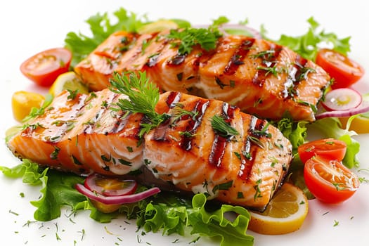 Close-up of grilled salmon steak with fresh vegetables on a white background. Healthy food. AI generated.