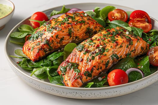 Close-up of grilled salmon steak with fresh vegetables on a white background. Healthy food. AI generated.
