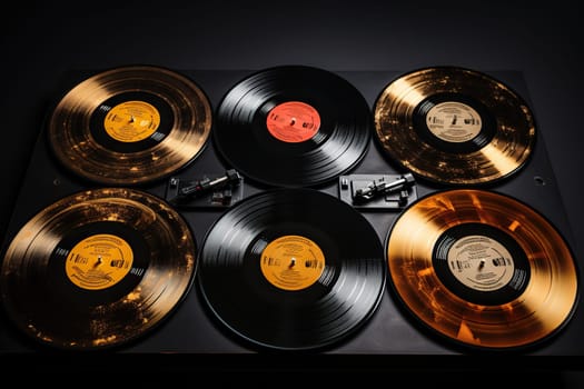 Collection of vinyl records on a black background.