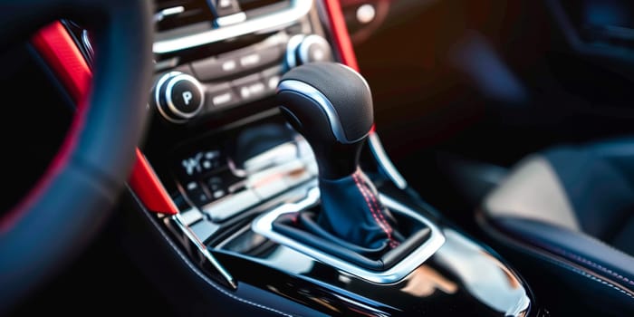 Automatic gear stick of a modern car. Modern car interior details. Close up view. Car detailing. Automatic transmission lever shift.