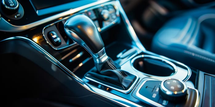 Automatic gear stick of a modern car. Modern car interior details. Close up view. Car detailing. Automatic transmission lever shift.