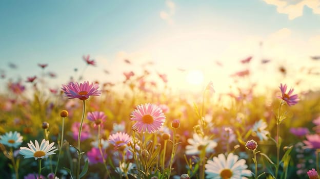 Summer meadow with blooming flowers, herbs and butterflies.