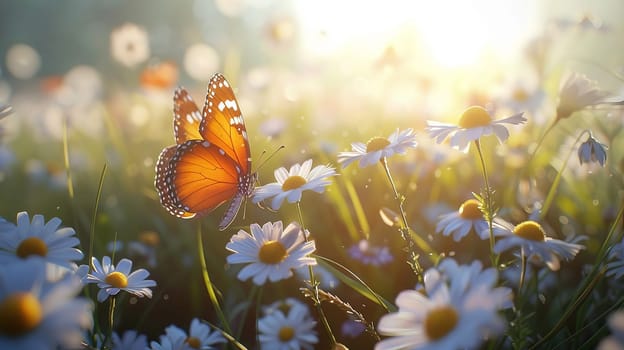 Summer meadow with blooming flowers, herbs and butterflies.
