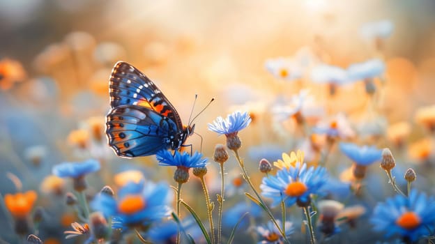 Summer meadow with blooming flowers, herbs and butterflies.