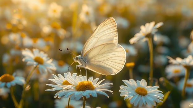 Summer meadow with blooming flowers, herbs and butterflies.
