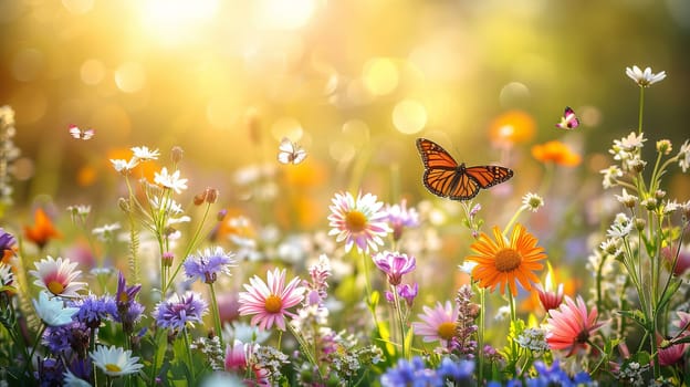 Summer meadow with blooming flowers, herbs and butterflies.