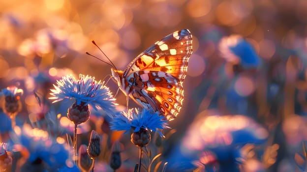 Summer meadow with blooming flowers, herbs and butterflies.