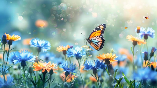 Summer meadow with blooming flowers, herbs and butterflies.