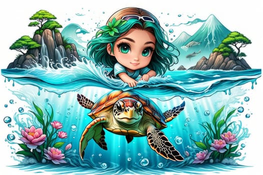 Cartoon girl with turtle, whimsical and playful scene where girl appears cheerful, turtle seems content in endearing position. For Tshirt design, poster, postcard, childrens book, tourism, stationery