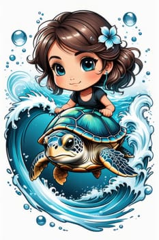 Lively and colorful cartoon girl with turtle. Irls expression exudes joy, vibrancy, suggesting carefree, whimsical atmosphere. For educational materials for kids, tourism, stationery, Tshirt design