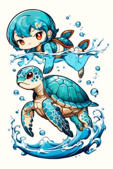 Lively and colorful cartoon girl with turtle. Irls expression exudes joy, vibrancy, suggesting carefree, whimsical atmosphere. For educational materials for kids, tourism, stationery, Tshirt design