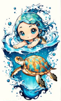 Cartoon girl with turtle, whimsical and playful scene where girl appears cheerful, turtle seems content in endearing position. For Tshirt design, poster, postcard, childrens book, tourism, stationery