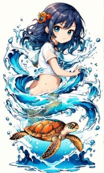 Lively and colorful cartoon girl with turtle. Irls expression exudes joy, vibrancy, suggesting carefree, whimsical atmosphere. For educational materials for kids, tourism, stationery, Tshirt design