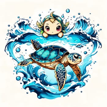 Lively and colorful cartoon girl with turtle. Irls expression exudes joy, vibrancy, suggesting carefree, whimsical atmosphere. For educational materials for kids, tourism, stationery, Tshirt design