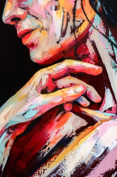 A fragment of the painting Girl on a Red Circle was painted with a palette knife and oil paints on round plywood. Conceptual abstract picture of a beautiful girl.