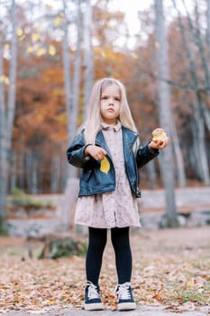 Little girl with an apple in one hand and a yellow leaf in the other is standing in an autumn park. High quality photo