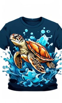 Turtle printed on vivid blue t-shirt, capturing essence of marine beauty, tranquility. For fashion, clothing design, animal themed clothing advertising, illustration for interesting clothing style