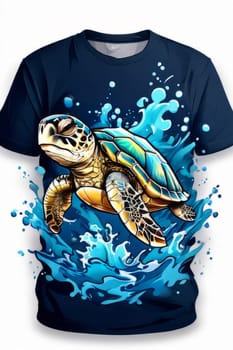 Turtle swimming in water on blue t-shirt. For fashion, clothing design, animal themed clothing advertising, simply as illustration for interesting clothing style, Tshirt print