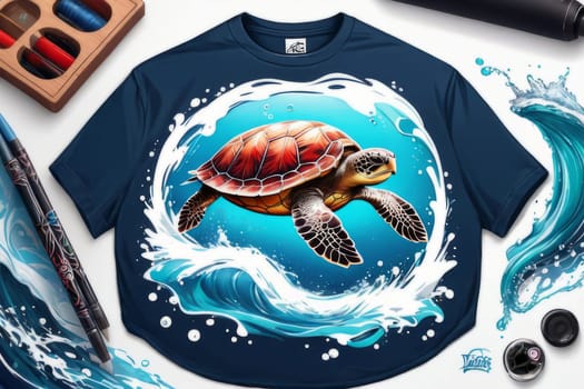 Turtle swimming in water on red t-shirt. For fashion, clothing design, animal themed clothing advertising, simply as illustration for interesting clothing style, Tshirt print, tourism, stationery