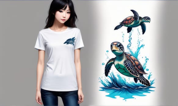 Woman appears to be showcasing tshirt with turtle graphic.For fashion, clothing design, animal themed clothing advertising, simply as illustration for interesting clothing style, Tshirt print, tourism