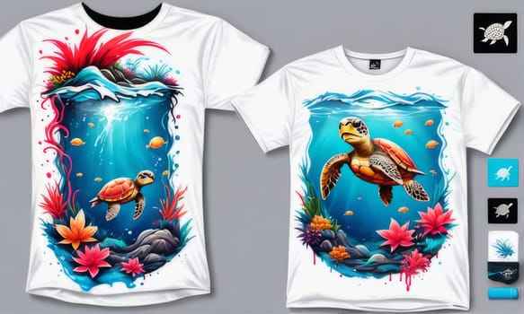 Majestic turtle gracefully swimming in blue ocean, depicted on tshirt. For clothing design, animal themed clothing advertising, simply as illustration for interesting clothing style, Tshirt print