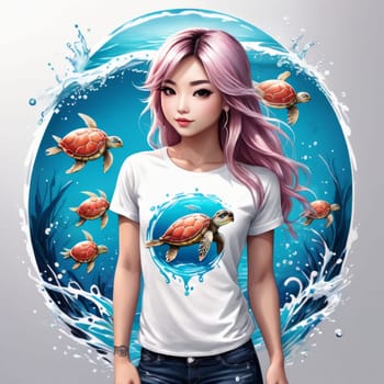 Woman wearing white t-shirt with turtle design. For fashion, clothing design, animal themed clothing advertising, simply as illustration for interesting clothing style, Tshirt print, tourism