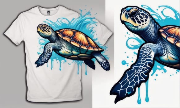 Turtle swimming in water on white t-shirt. For fashion, clothing design, animal themed clothing advertising, simply as illustration for interesting clothing style, Tshirt print, tourism