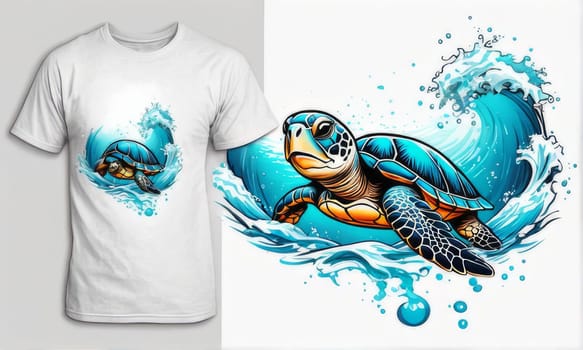Turtle swimming in water on white t-shirt. For fashion, clothing design, animal themed clothing advertising, simply as illustration for interesting clothing style, Tshirt print, tourism