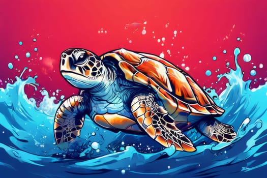 Turtle swimming in ocean, peacefully navigates its underwater world. For Tshirt design, fashion, clothing design, posters, postcards, other merchandise with marine theme, childrens books, tourism