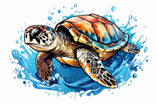 Turtle swimming in ocean, peacefully navigates its underwater world. For Tshirt design, fashion, clothing design, posters, postcards, other merchandise with marine theme, childrens books, tourism