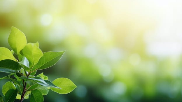 A close-up photo capturing the vibrant green leaves of a plant, bathed in the soft, glowing light of an early morning, with a gently blurred nature background - Generative AI