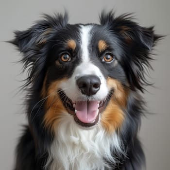 A close up of a Border Collie, a herding dog breed and member of the Sporting Group, with its tongue out and whiskers visible, looking at the camera