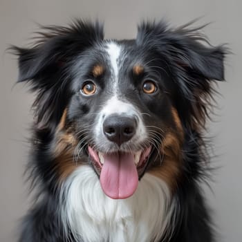 A closeup of a Border Collie, a black and white dog with its tongue hanging out. Known for being a herding dog and part of the Working Group