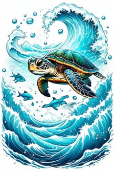 Turtle swimming in ocean, peacefully navigates its underwater world. For Tshirt design, fashion, clothing design, posters, postcards, other merchandise with marine theme, childrens books, tourism